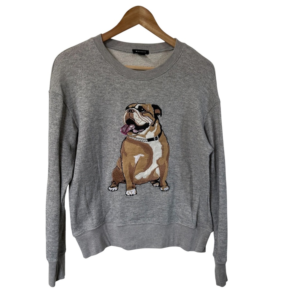 I Love Ronson Gray‎ Bulldog Embroidered Crewneck Sweatshirt Women's Size S